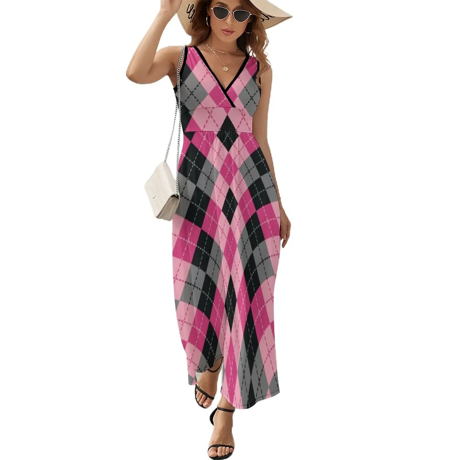 

Pink and Black Dashed Argyle Sleeveless Dress Elegant gown summer women's suit elegant women's dresses for wedding