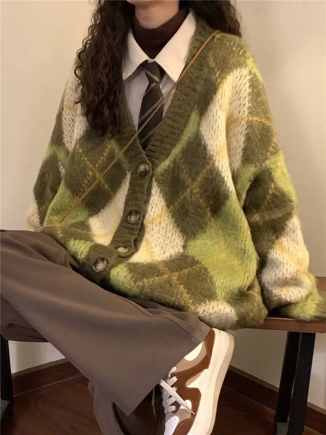 Niche American design pineapple green diamond check sweater coat Female Sweet Spice slouchy loose knit cardigan