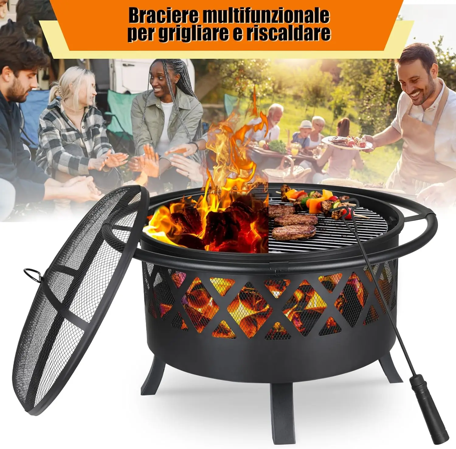 3-in-1 Feuerschale mit Grillrost, mit Funkenfänger, Ø81cm Garten-Feuerstelle Feuerkorb Funkenfänger BBQ-Heizgerät