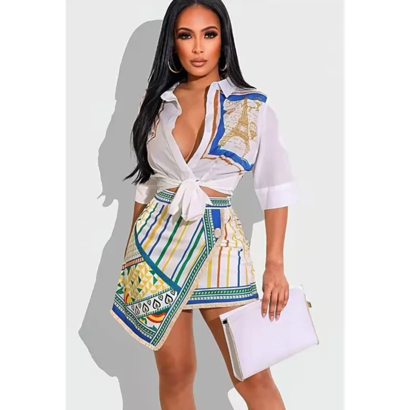 

Shirt 2 Piece Set Women Outfit Summer Fashion Graphic Print Buttoned Turn-Down Collar Shirt & Striped Asymmetrical Skirt Set