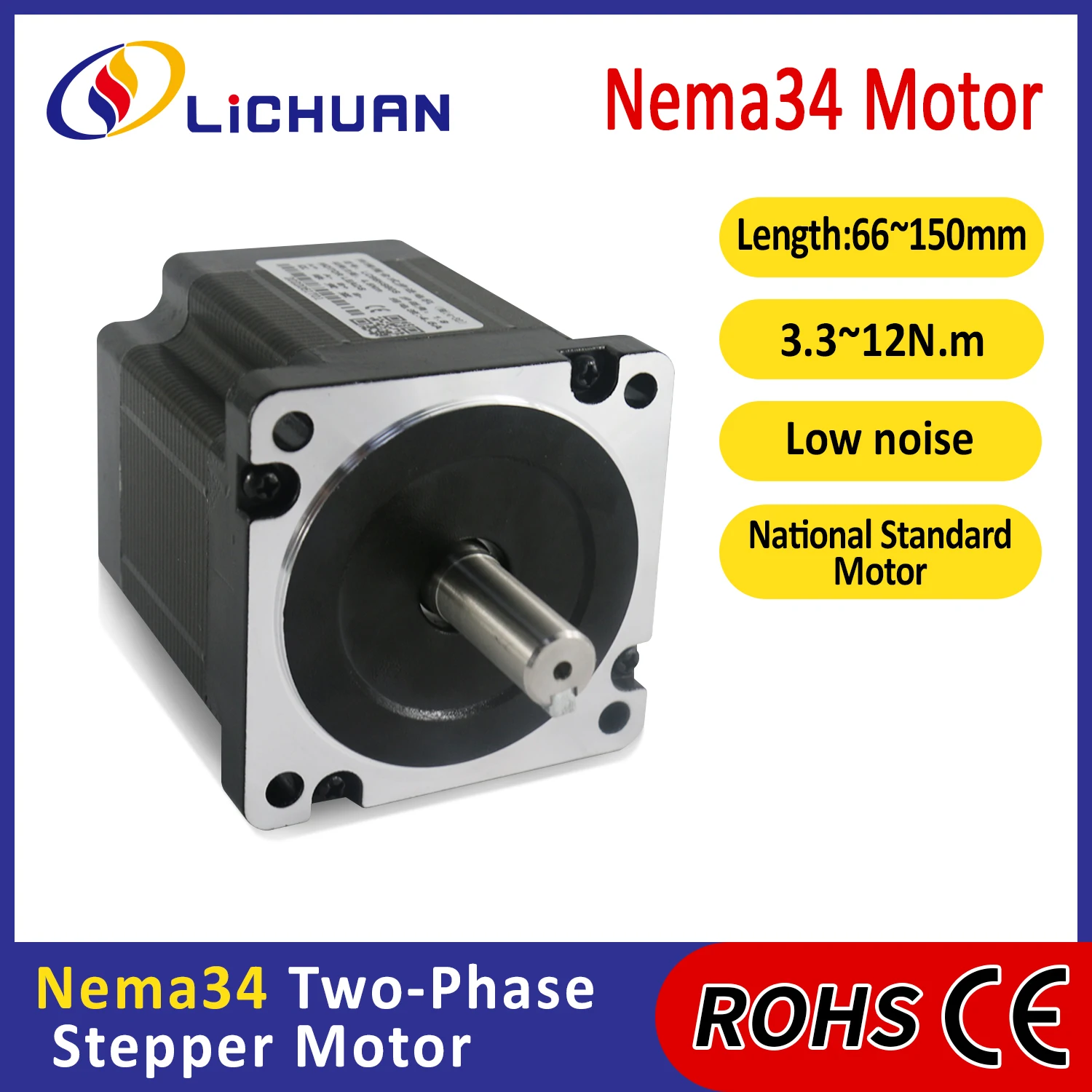 Lichuan DC24V 3/5/6A 3.3/4.5/6.9/8.5/10/12N.m DC Stepper OpenLoop Motor 2Phase Nema34 DC Open Loop Stepper Motors for New Energy