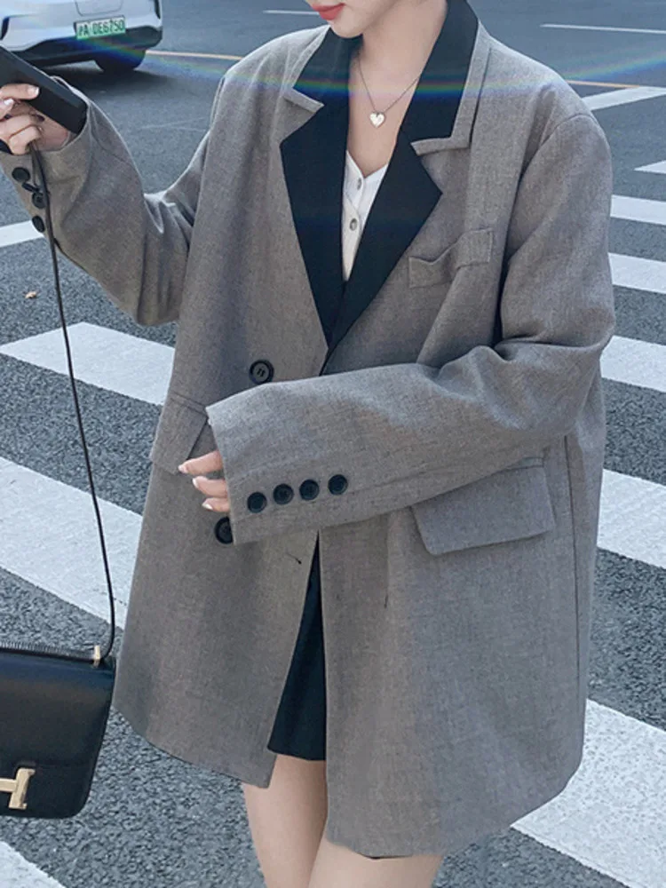 LANMREM Korean Style Design Contrast Color Notched Collar Long Sleeves Double Breasted Female Fashion Coat 2024 Autumn 2DA8380