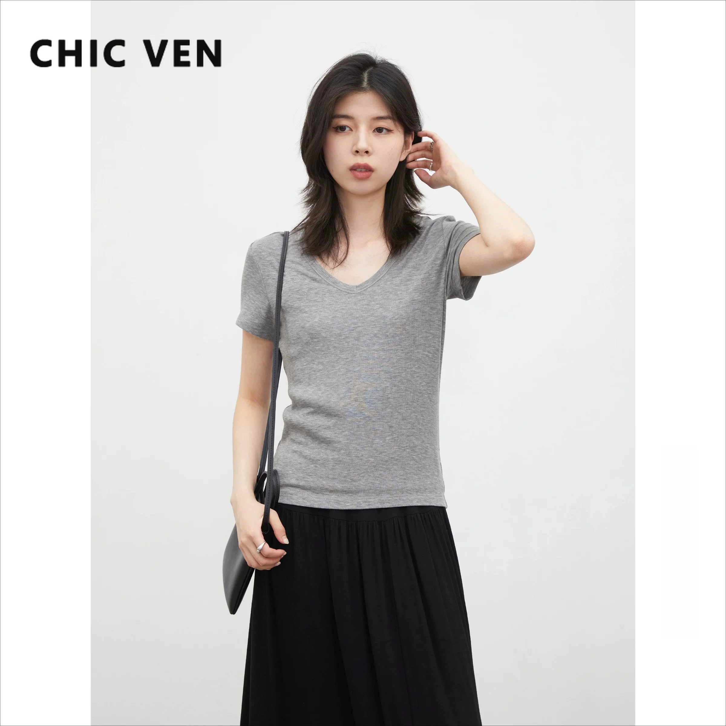 CHIC VEN Korean Women T-Shirts Solid New Multi Colored Optional V Neck Short Sleeved Tees Office Ladies Top Pullover Summer 2026