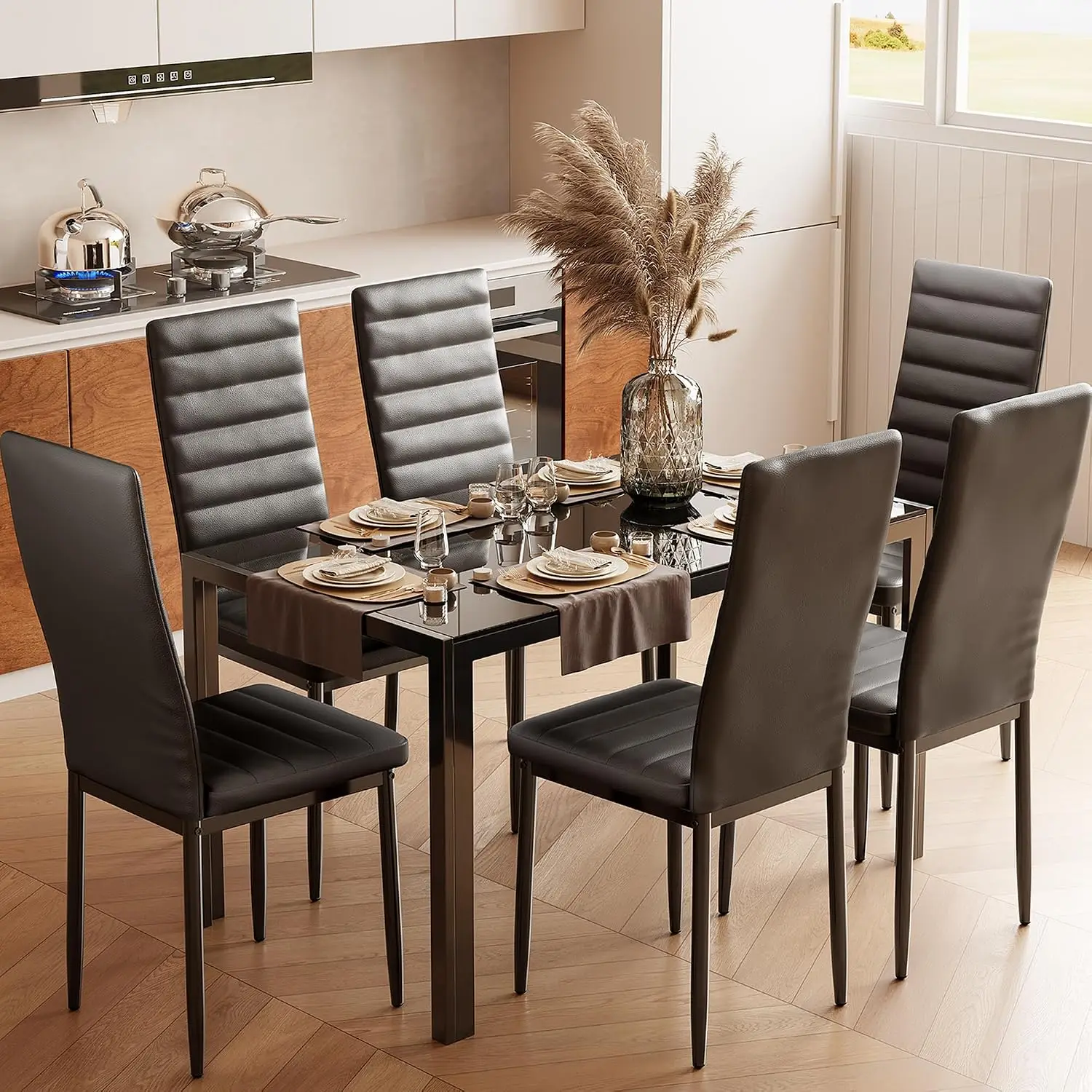 Modern Dining Table Set 6, Tempered Glass 7 Piece Black PU Leather Space Saving Furniture Home Kitchen Living Room, Customized