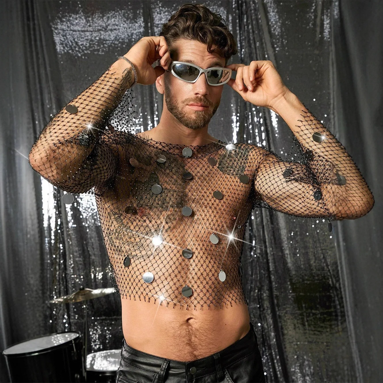 

New Fashion Fishing Net Diamond Sequins Temperament Nightclub Hollow Spice Girl Small Vest Men's Clothing