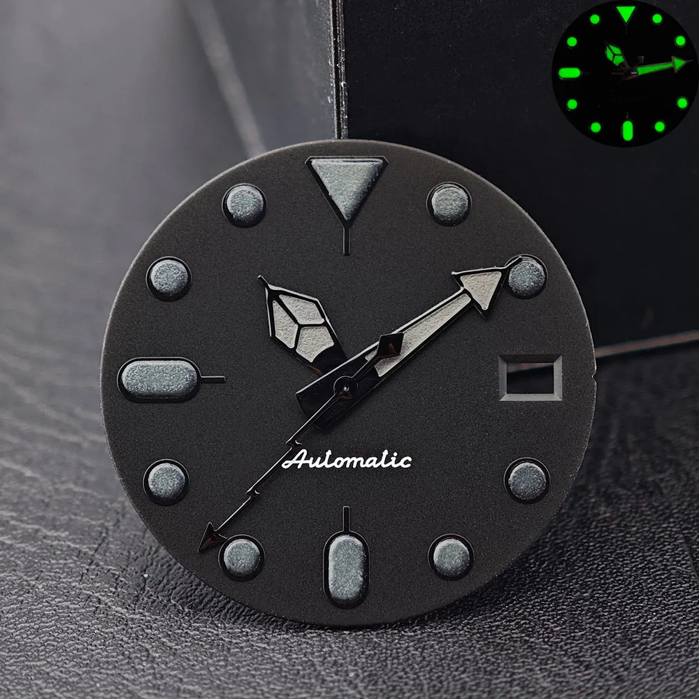28.5mm Black Green Luminous Dial & Hands Set, Single Double Date Window Fit NH35 NH36 Automatic Watch Mod Replacement Parts