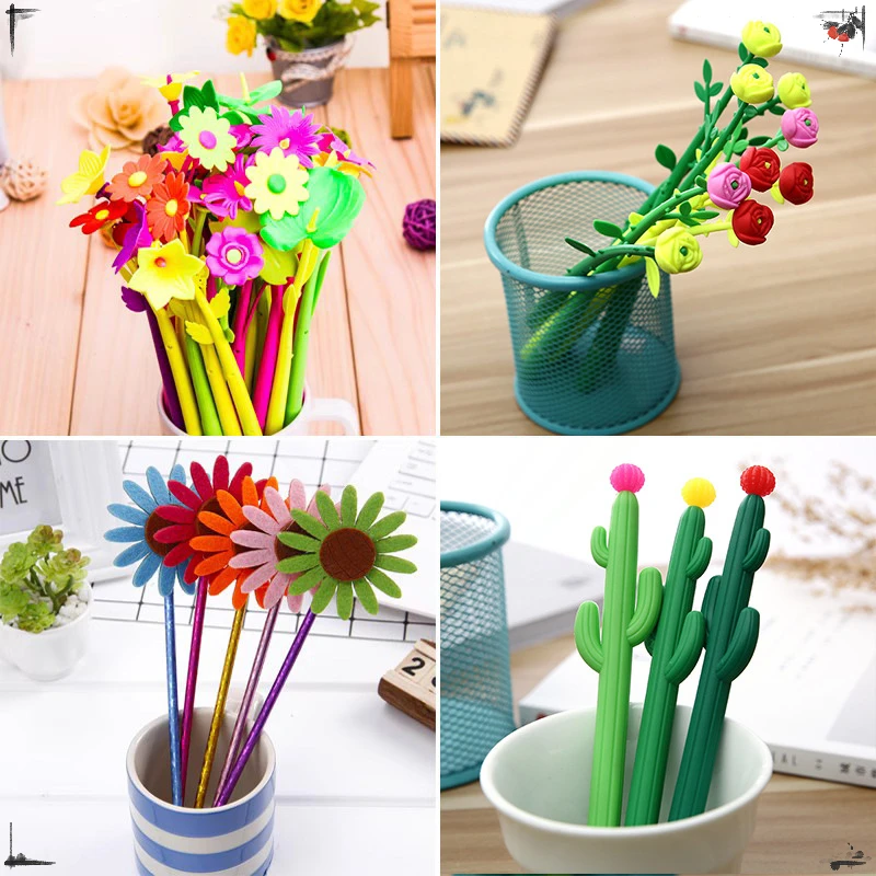 

48 Pcs Creative Stationery Fresh Plants Flowers and Plants Neutral Pens Cute and Soft Small Grass Flower Shaped Pens Student