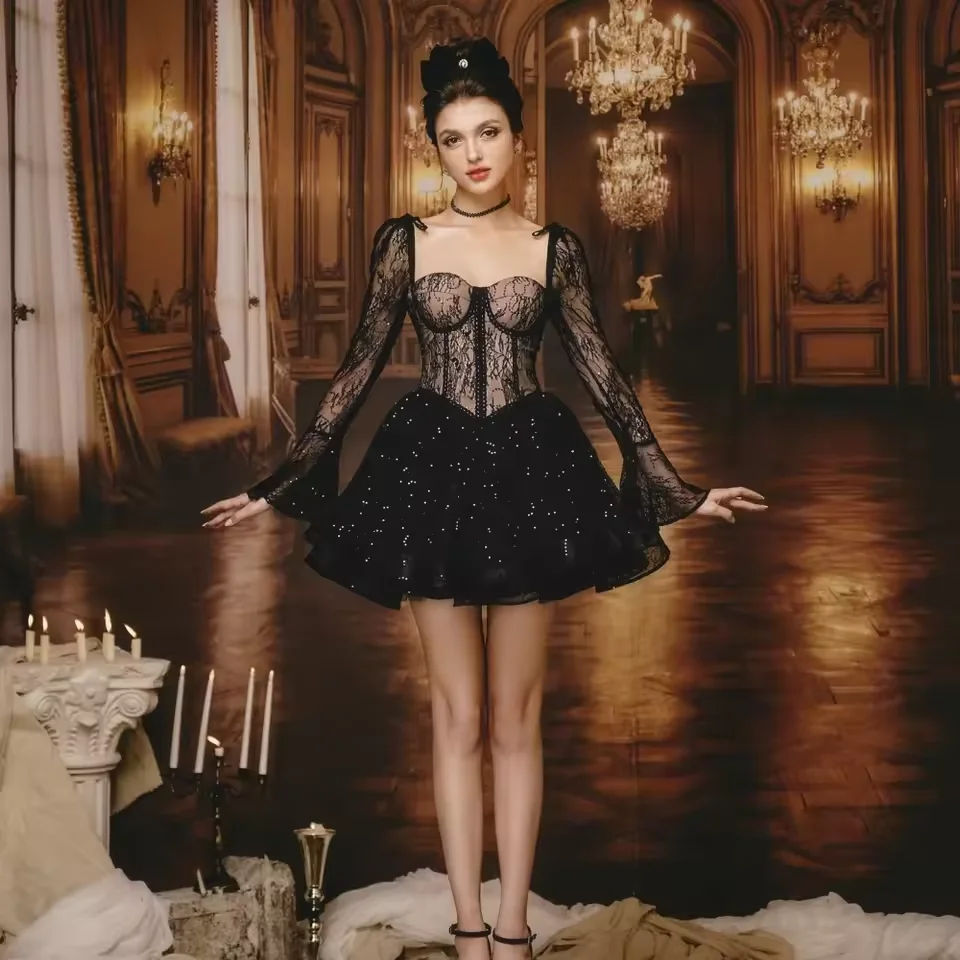 

Customized A-line Black Lace Short Porm Dress Sweetheart Collar Long Sleeved Tight Corset Mini Cocktail Dresses מסיבת שמלות
