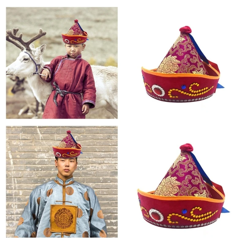 

Традиционная монгольская шляпа, головной убор принцессы, синие шапки с вышивкой для мужчин и женщин, экзотическая шляпа, элегантные стразы