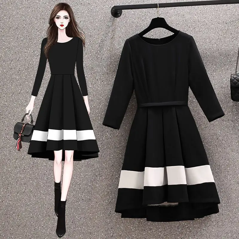 

Fashion O-Neck Spliced Sashes Asymmetrical Folds Mini Dress Women Clothing 2024 Spring New Loose All-match Casual Dresses