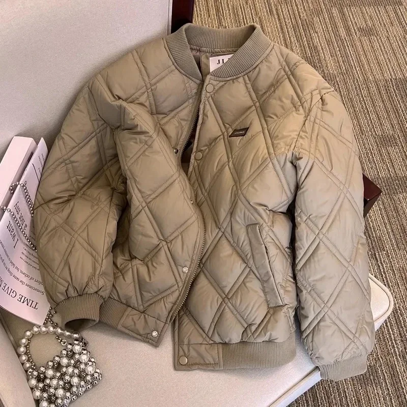 New Winter Cotton-Padded Jacket Women Fashion Designed Sense Rhombic Baseball Outwear Puffer Coat Thin Parka Coat Female Top
