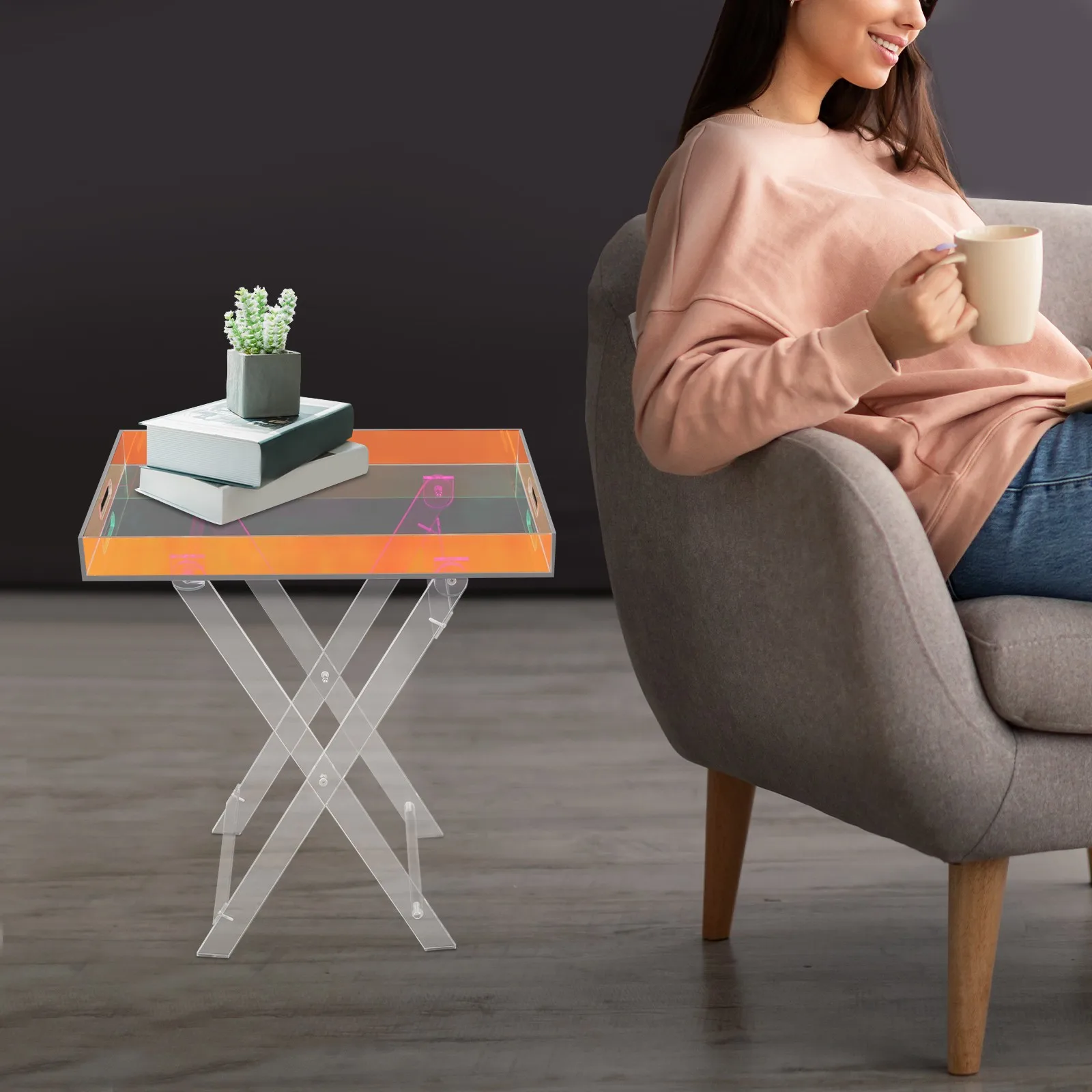 Stoliki kawiarniane Kolorowe akrylowe składane stoliki z tacką do salonu i sypialni Lekki, przenośny stolik pomocniczy