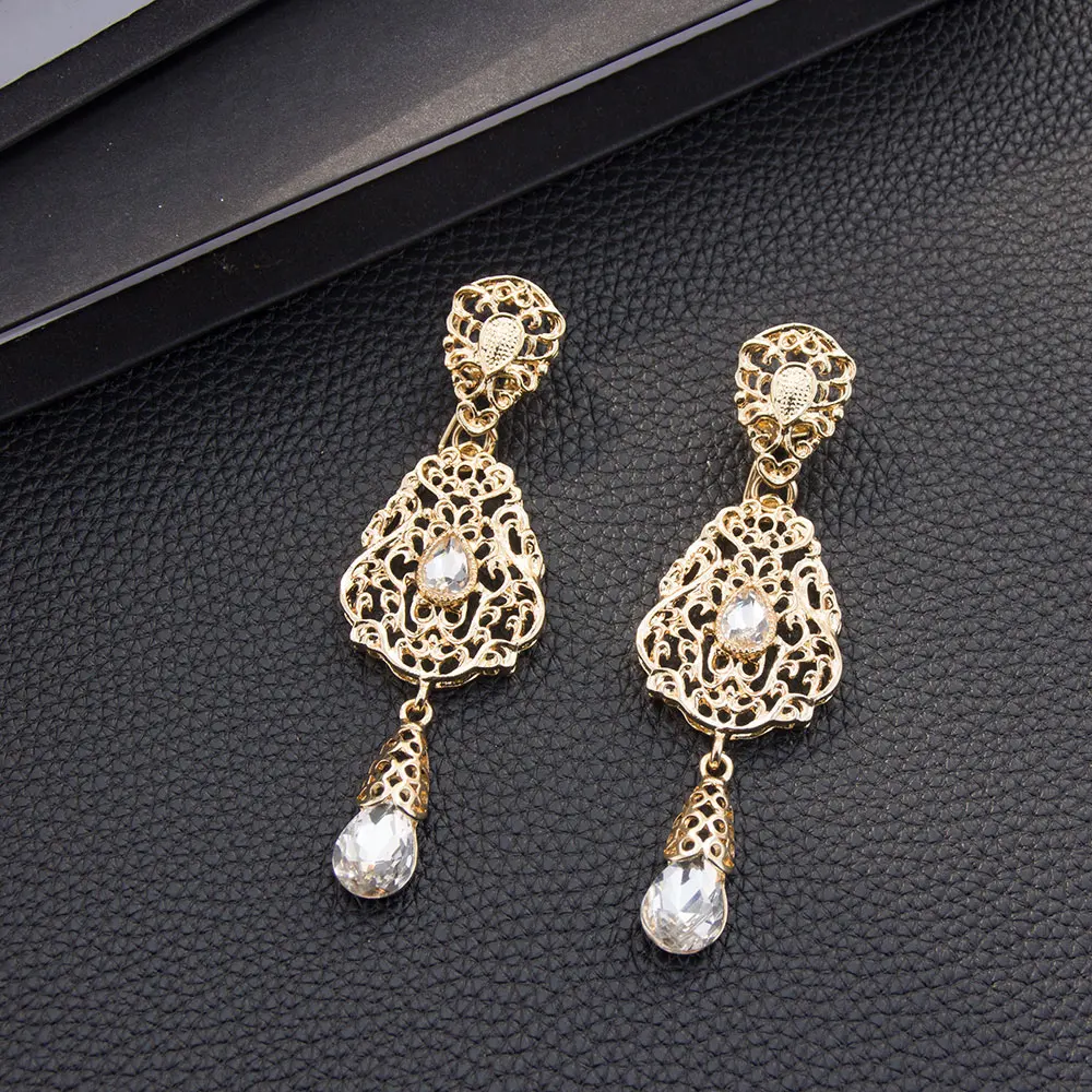 New Gold Color Women Earring Arabic Morocco Bridal Jewelry Long Eardrop Ethnic Rhinestones Bijoux