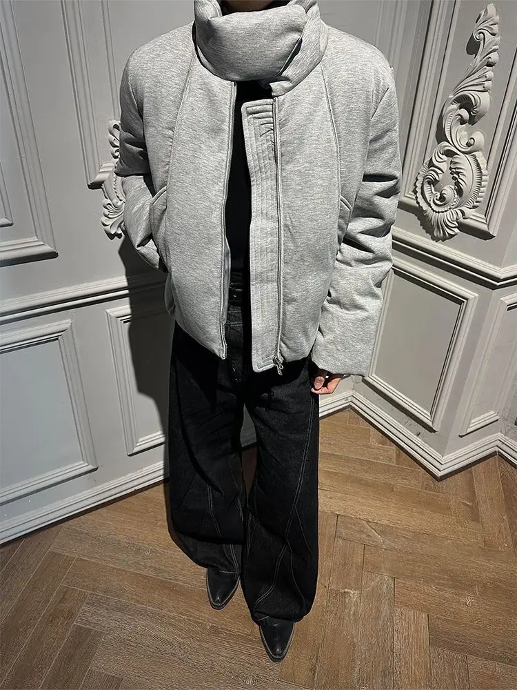 Men Unique Wrap High Collar Zip Up Padded Jacket Cropped Drawstring Hem Loose Light Quilted Coat Minimalist Streetwear Casual