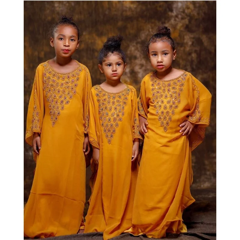 Yellow Person Unique Royal Girl Abaya Moroccan Long Shirt Children's Party Dress