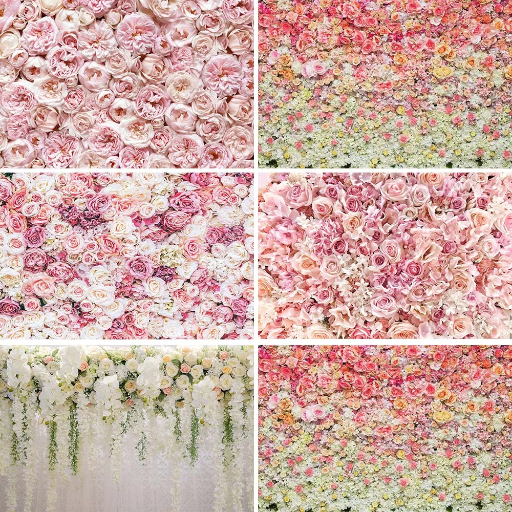 Mocsicka Flower Wall Backdrop Pink White Floral Flower Wedding Birthday Women Portrait Photography Background Studio Photo Booth