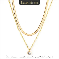 LUXUSTEEL 2022 New Round Cubic Zirconia Pendant Necklace Women Collars Stainless Steel Double Snake Chains Necklace Party