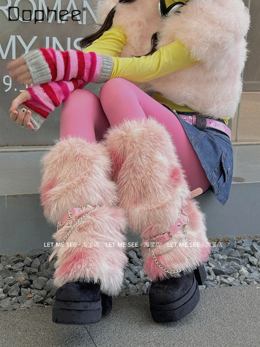 

Tie Dye Leg Warmers Chain Harajuku 2000s Gradient Personality Leg Cover Faux Fur Socks Spicy Girl Y2k Boots Cover Socks