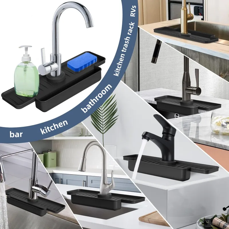 Upgraded Silicone Sink Faucet Splash Guard Draining Rack Sponge Holder for Kitchen Counter Wash Basin and Bathroom