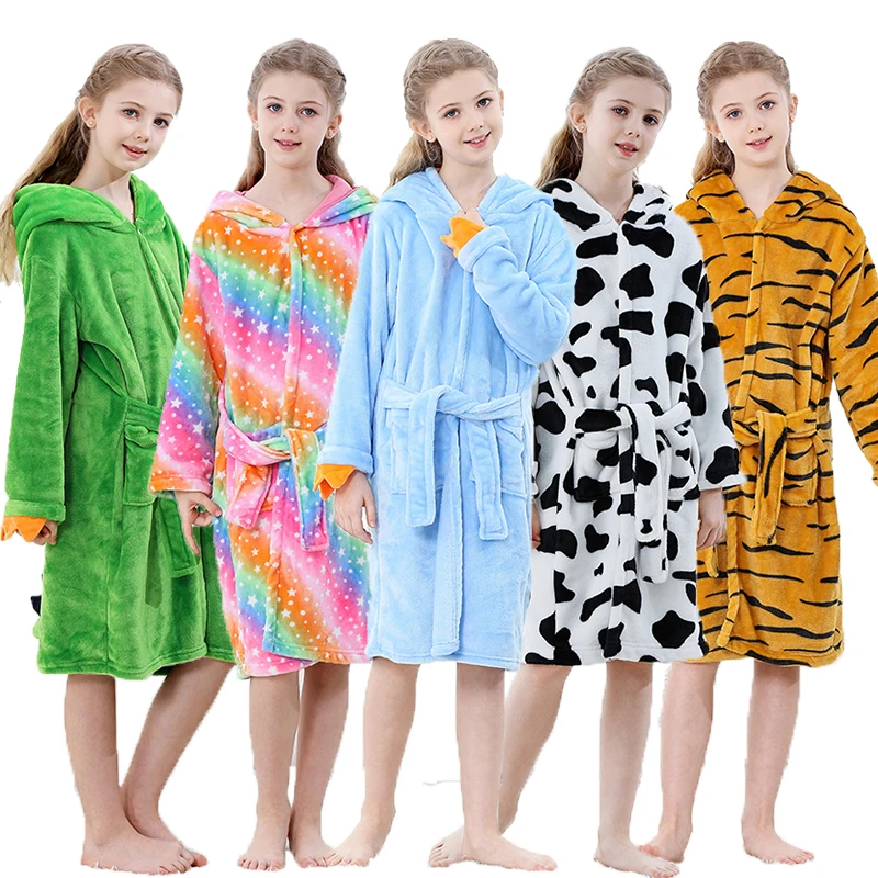 الفانيلا الفتيات البشكير الملابس الشتوية يونيكورن الدب طفل فتاة ملابس نوم الطفل بيجامة الصبي رداء مقنعين المراهقين الاطفال منشفة الجلباب