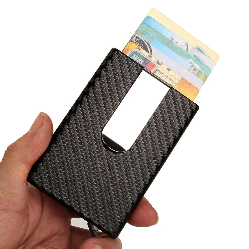 Aluminum Bank Card Case Metal Card Wallet With Money Clip Carbon Fiber Style Automatic Business Credit Card Holder For Man Women