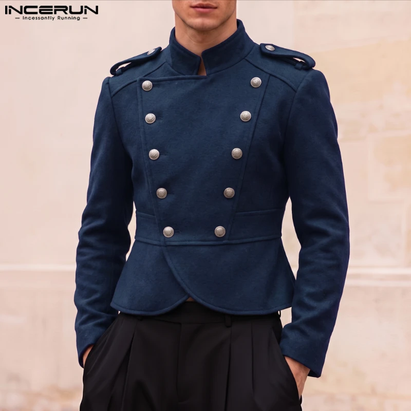 INCERUN Herrenjacken Einfarbig Stehkragen Langarm Doppelreihige Mäntel Für Männer Streetwear 2026 Vintage Casual Oberbekleidung