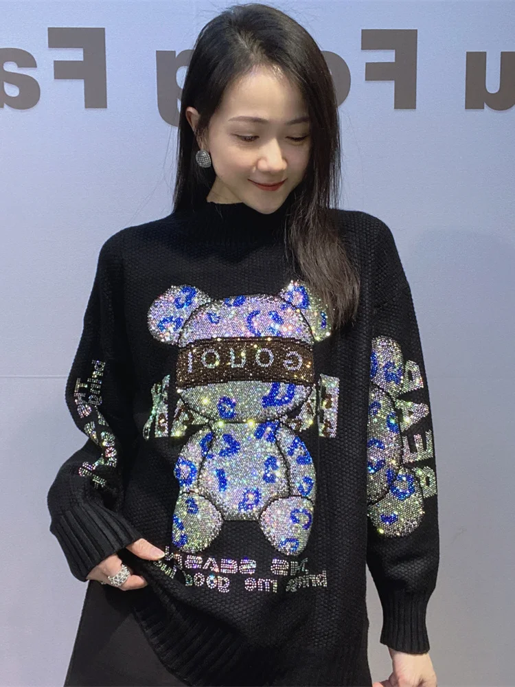 

Heavy-Du Rhinestone Knit Sweater High Collar Mid-Length Women's Winter Faion Casual Warm Top Large Size