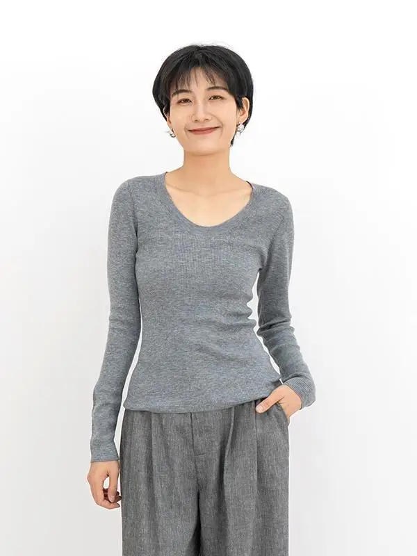 

ay round Ne Knitted Base Layer Top Women's Spring 2025 New Simple Slim Long Sve Inner Wear irt Commute Sle