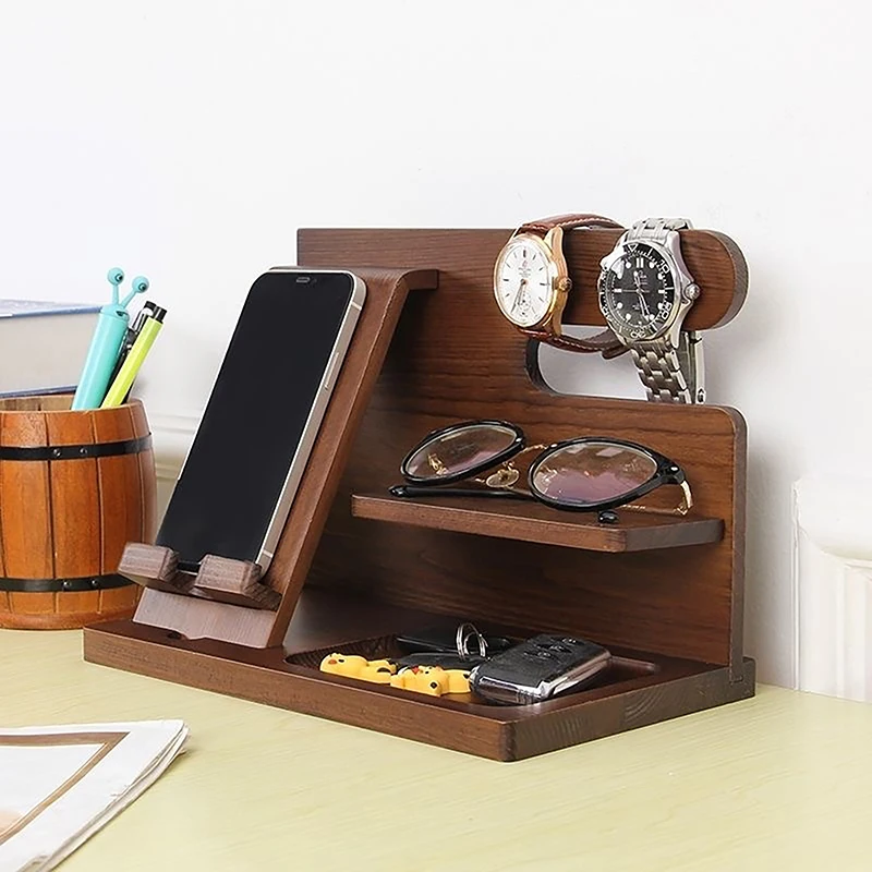 Wooden Bedside Wood Phone Docking Station Holder Wallet Stand Watch Storage Rack Valentines Multifunctional