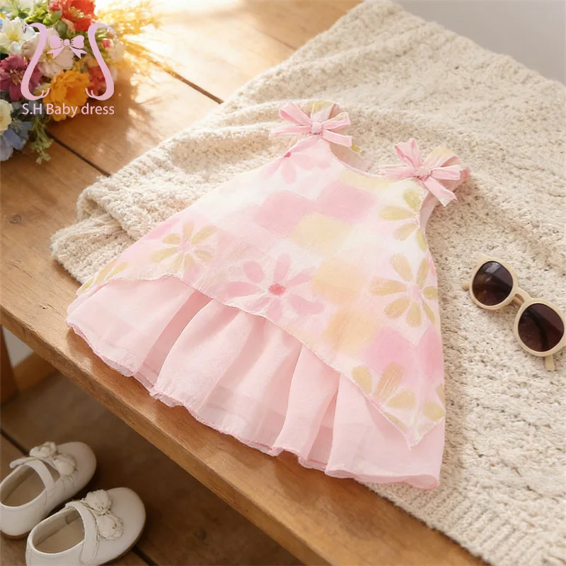 Sleeveless Summer Children Clothing Sweet Baby Girls Bow Dress Toddler Newborn Pink Floral Dresse Casual Sundress Kids' Costume
