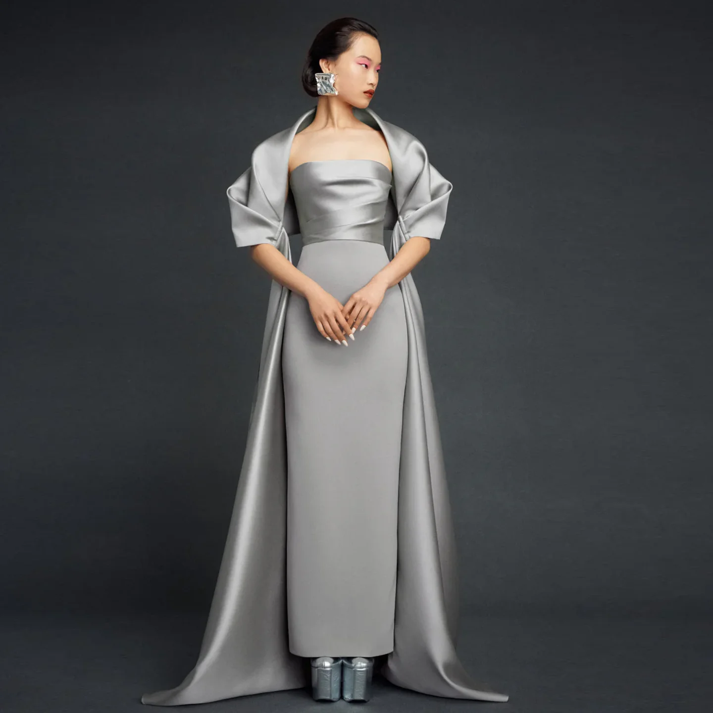 Sharon Said Elegante abito da sera in raso grigio con mantello Abiti da festa di nozze da donna modesti SF071 personalizzati