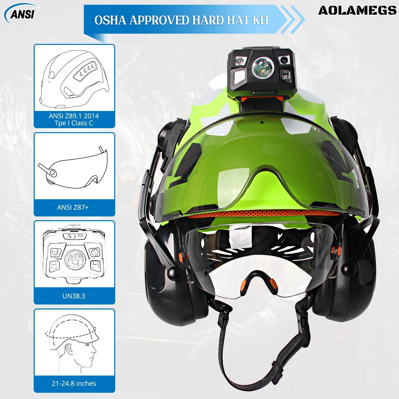 Bauschutzhelm mit Doppelvisiere, Kopflampe, reflektierender Aufkleber, Ohrenschützer, ANSI CE-Schutzhelm, Arbeitskappe für Industrieingenieure