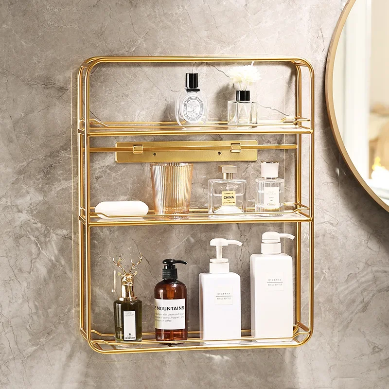 

Multi-layer Wall Mounted Bathroom Shelf Free Punch Washstand Cosmetic Light Luxury Bathroom Gold Storage Shelf Accessories