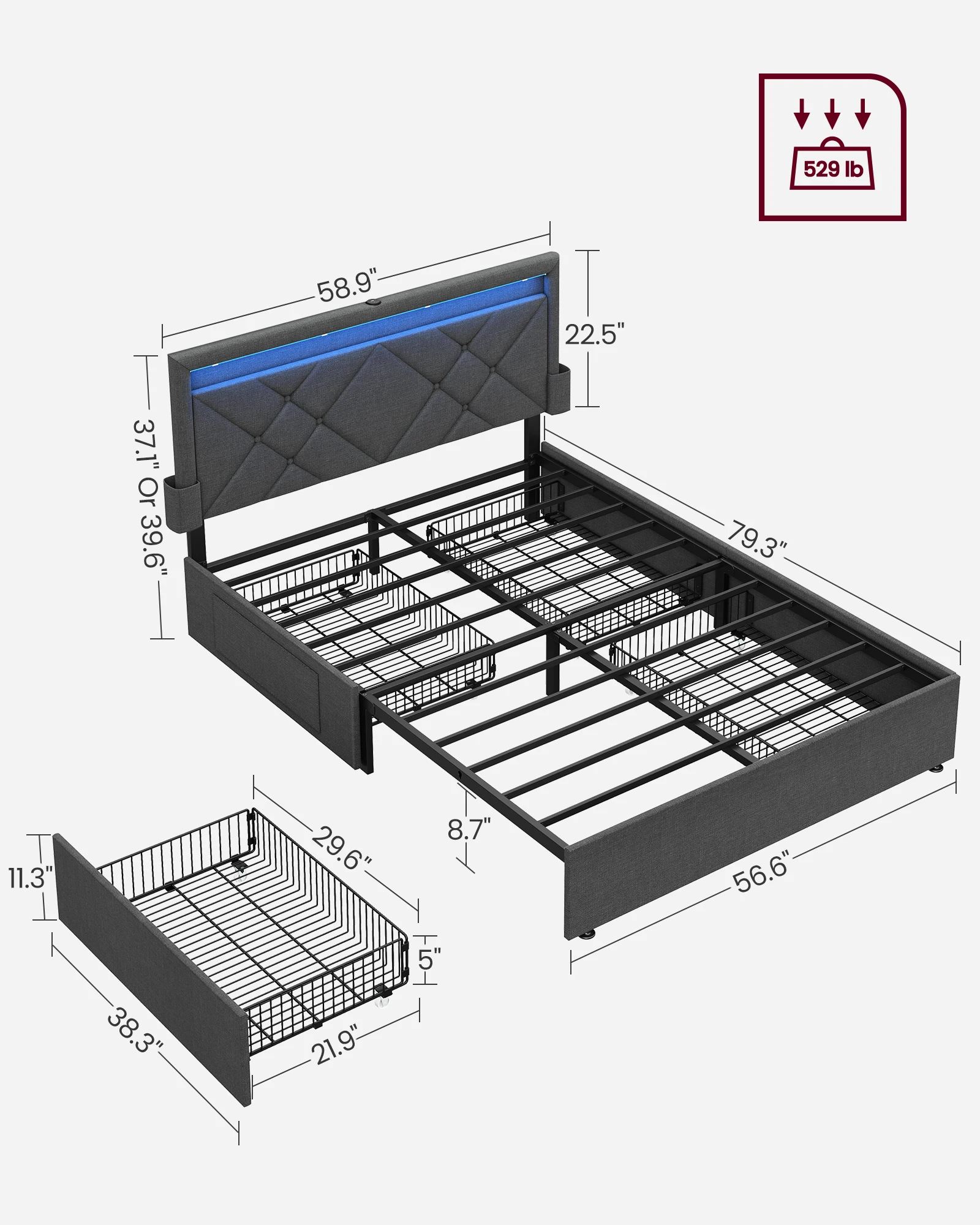 Upholstered Bed with Headboard  Bedroom Furniture set Full Size Modern Electric USB LED Bed with 4 Storage drawers