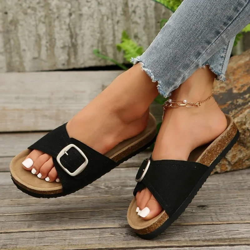 2024 Summer Hot Selling Women's Shoes Fashion Solid Color Open Toe Flat Ladies Slippers Solid Color Mid Heel Buckle Beach Shoes