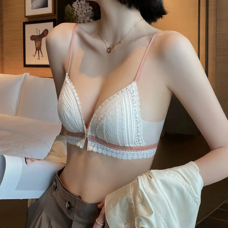 

Sexy Lace Backless Bra Women's Summer Thin Cup Small Bust Cotton Underwear with Steel Ring Strap Design Gathered Function