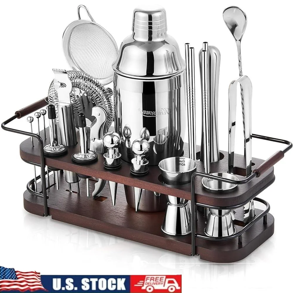 

24-Piece Cocktail Shaker Set Bartender Kit with Wooden Stand Complete Bar Accessories Home Party Mixing Drinks and Shaking
