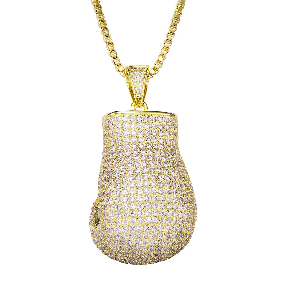 VANAXIN Boxing Gloves Pendant Necklace Punk Accessories Gold Color Iced Full Cubic Zircon Men's Hip Hop  Sports Jewelry