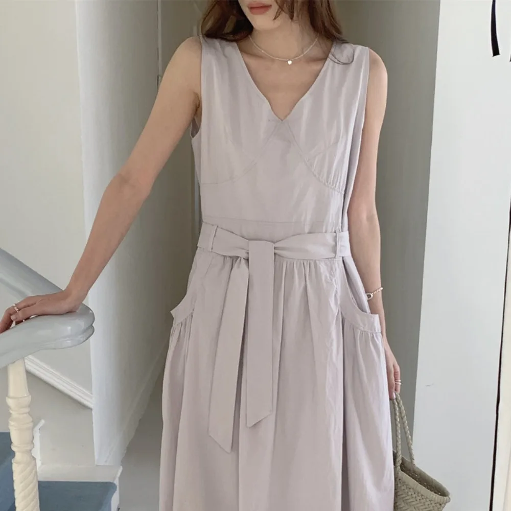 100% puro cotone tenero senza maniche abito lungo dal carro armato donna estate telai sottile a-line maxi vestito estivo femminile grandi tasche 2025