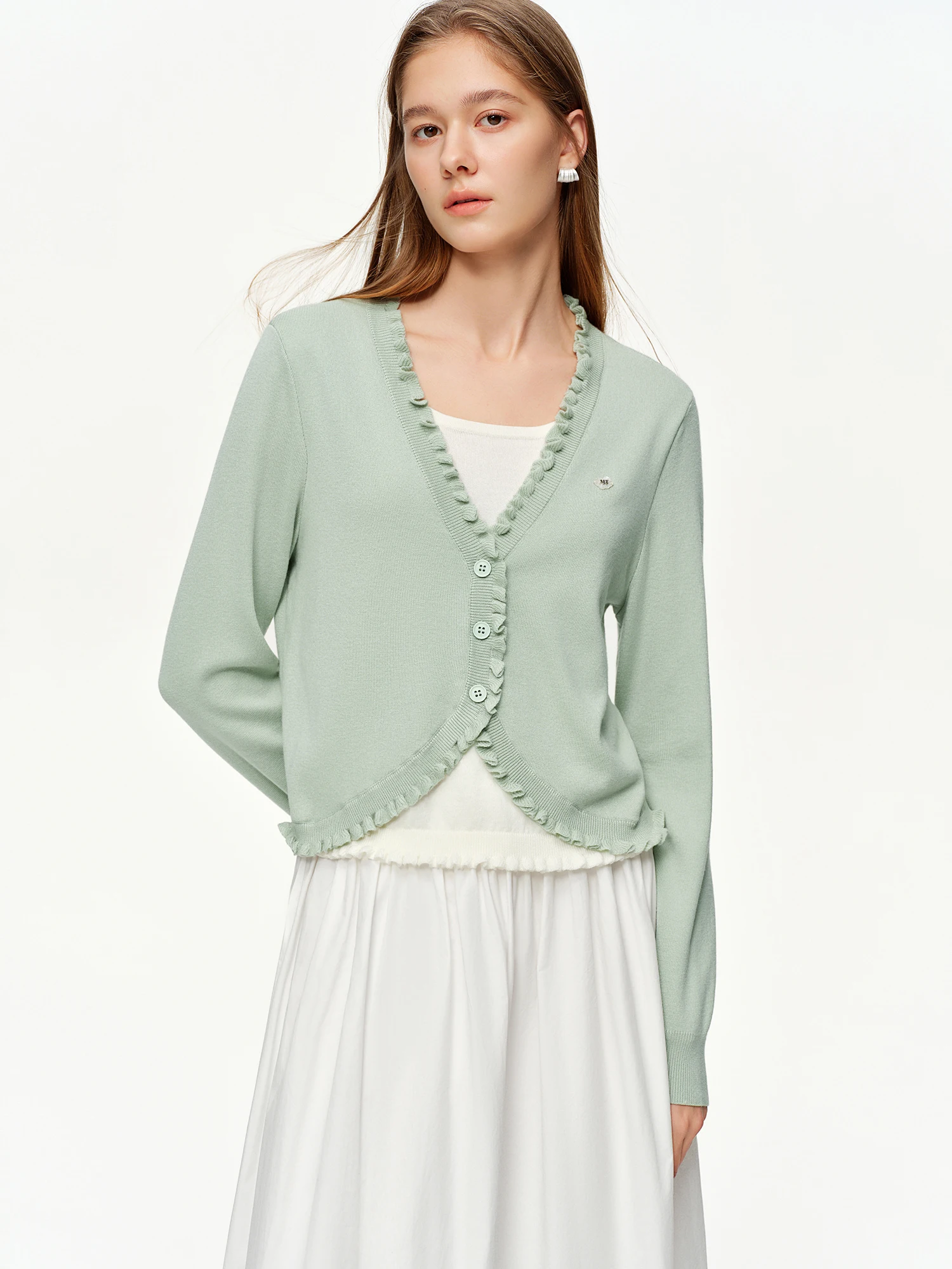 DUSHU 2026 Spring Women's False Two Piece Cardigan Lace Trim Ruffle Collar Short Knit Jacket Y2K Cropped Button Up Top Sweater