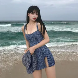 Bañador azul coreano Sexy para mujer, traje de baño de una pieza, Monokini de banda para mujer, novedad de 2024