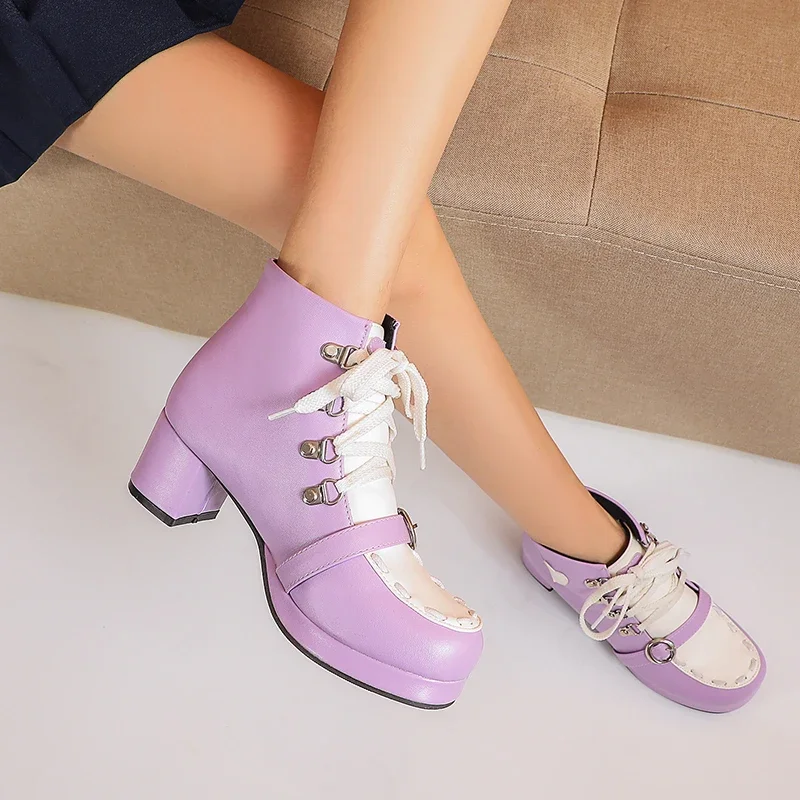 Multicolor Oversized Lolita Heart-Shaped Ankle Boots Round Head Lace Belt Buckle Violet Fashion Women's Boots Chunky Heel Shoes