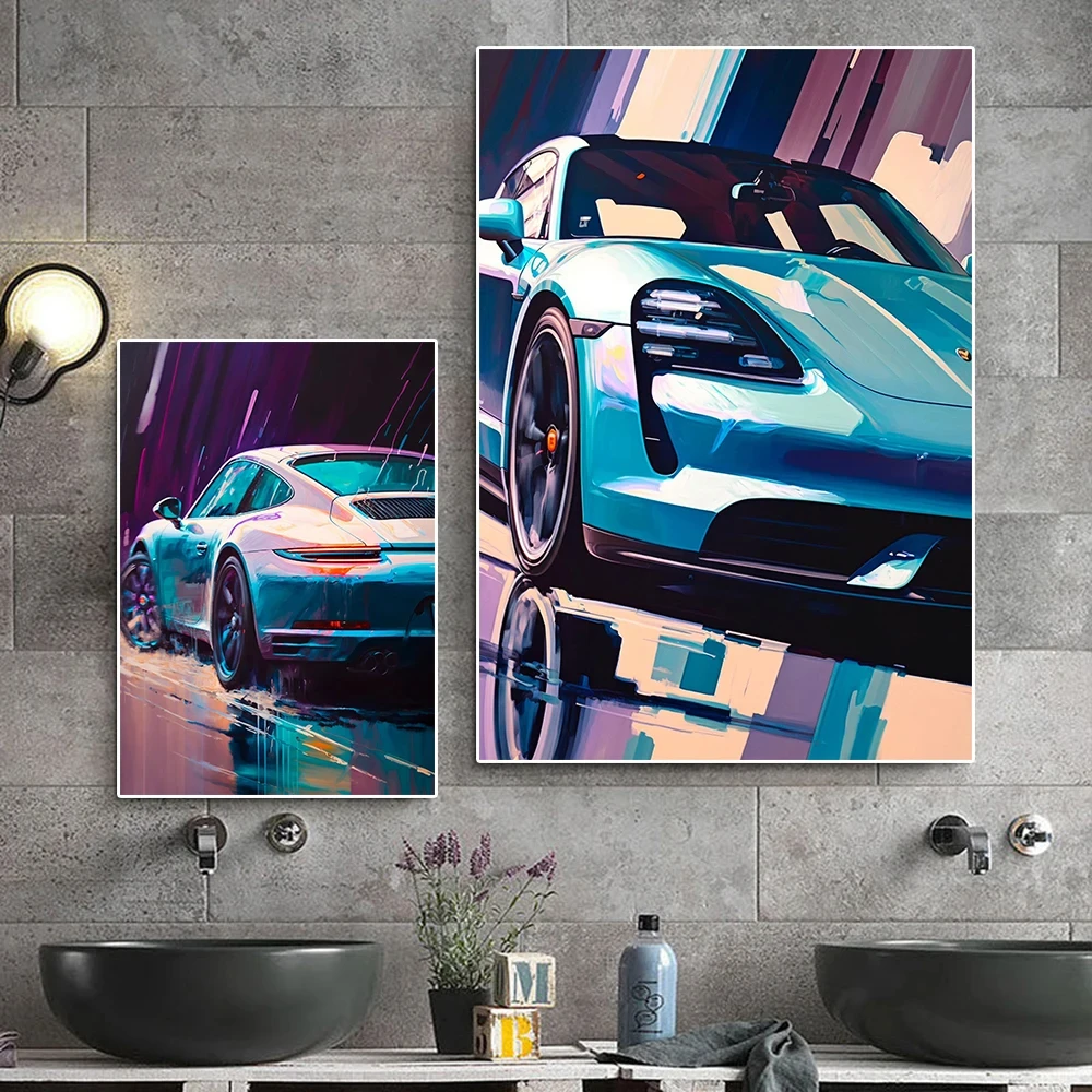 Abstract Luxury Sports Car Canvas Painting, Modern Colorful Racing Poster, Supercar Club Wall Art, Room Decor, 9 11 GT 3 RS