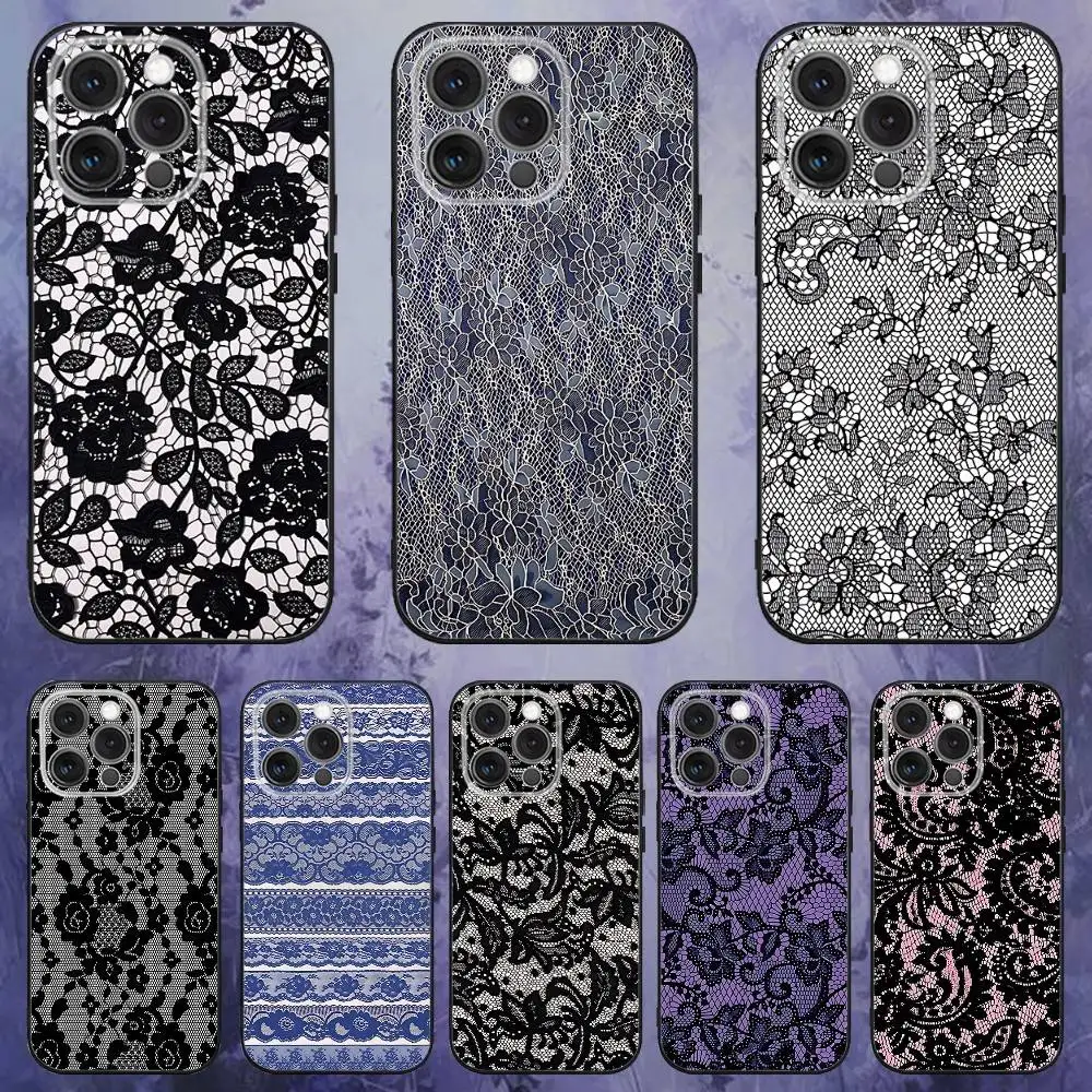 

Phone Case For iPhone 17,16,15,14,13,12,Pro,Max,Plus,E,SE4,Air,Mini Lace Print Pattern Black Soft Box