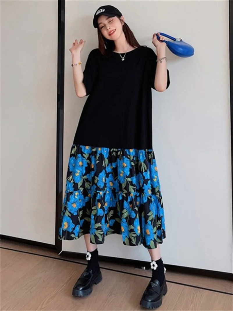 Printemps coton Vintage bleu imprimé jupes mi-mollet haute rue dames respirant volants taille élastique ample pour les femmes robes