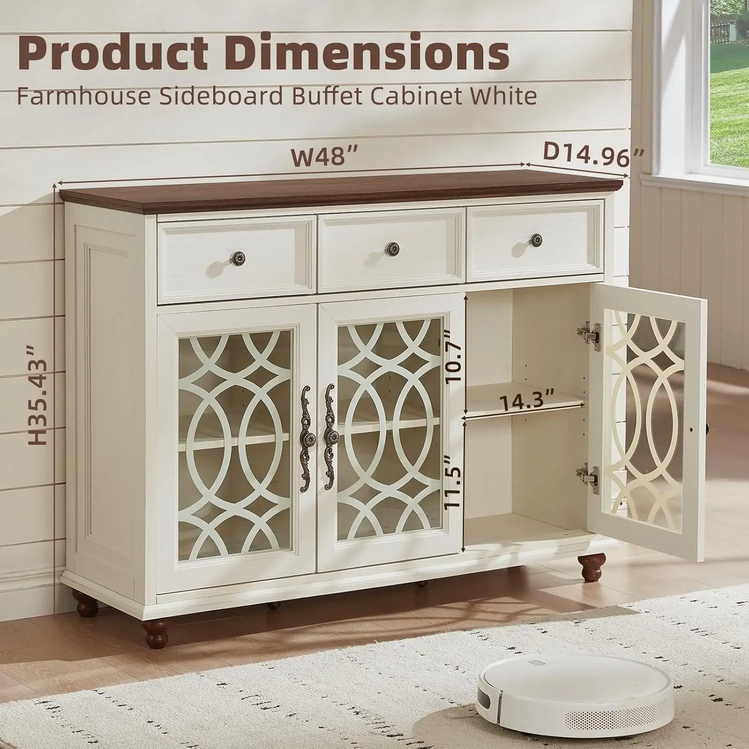 Farmhouse Sideboard,48in Credenza with 3 Glass Doors & Drawers Adjustable Shelves Console Table Wood Coffee Bar, Customized
