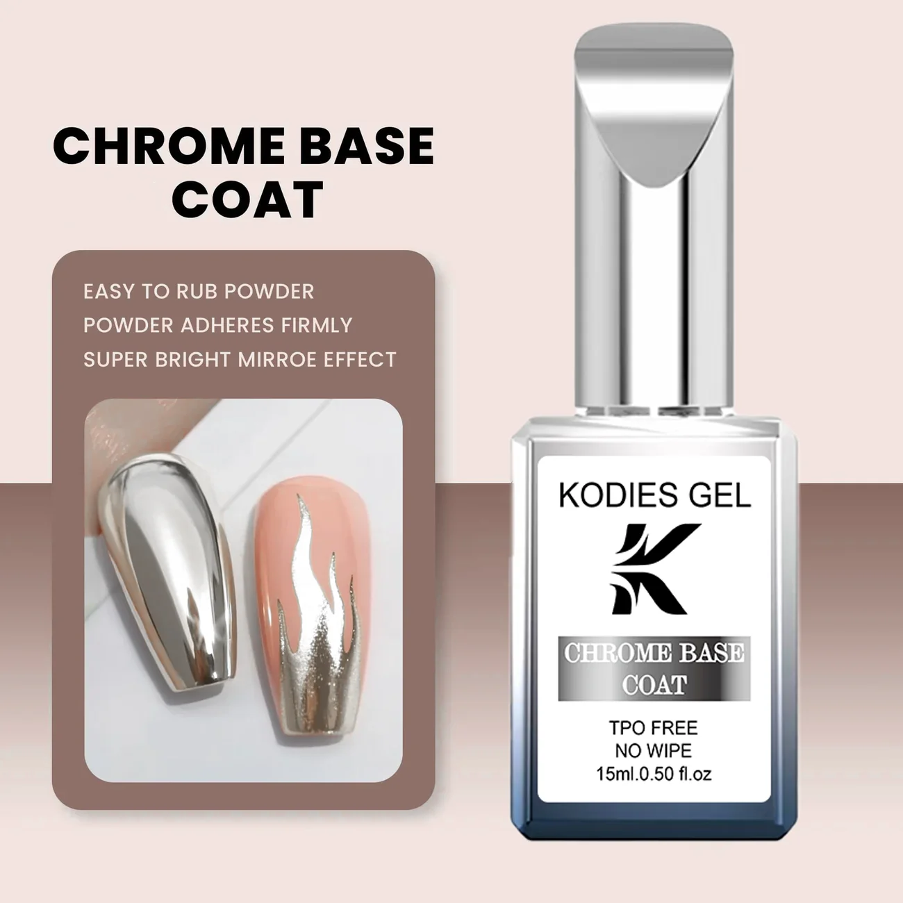 KODIES GEL Chrome Base Coat for Chrome Powder Rub Nail Powder Non Stick Base Primer Semi Permanent UV Base Gel Polish Clear Art