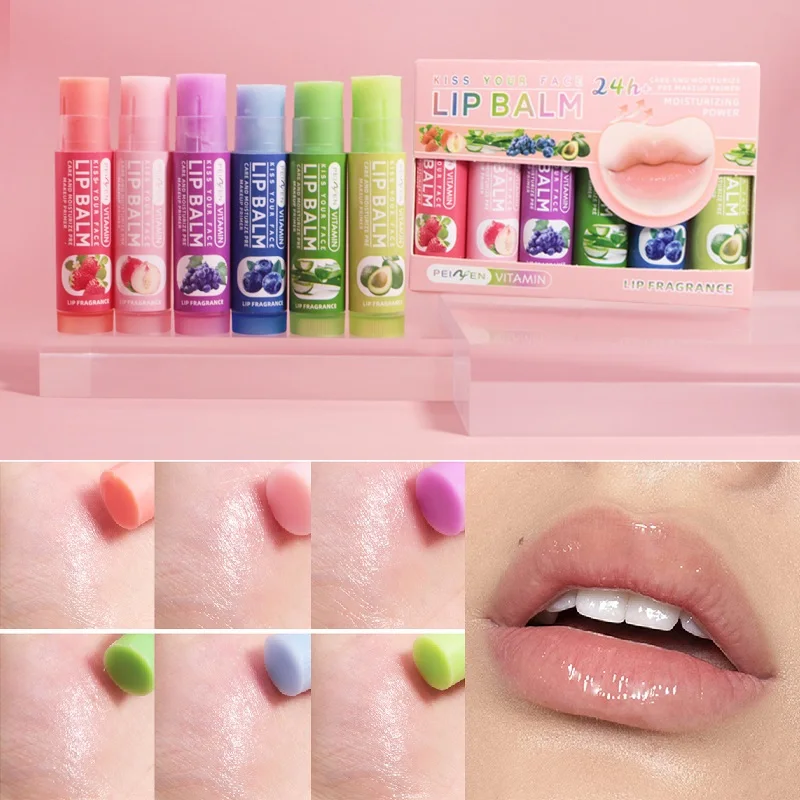 6Pcs/Lot Fruit Flavored Lip Balm Temperature Color Changing Lipstick Set Moisturize Nourishes Reduce Lip Lines Lip Care