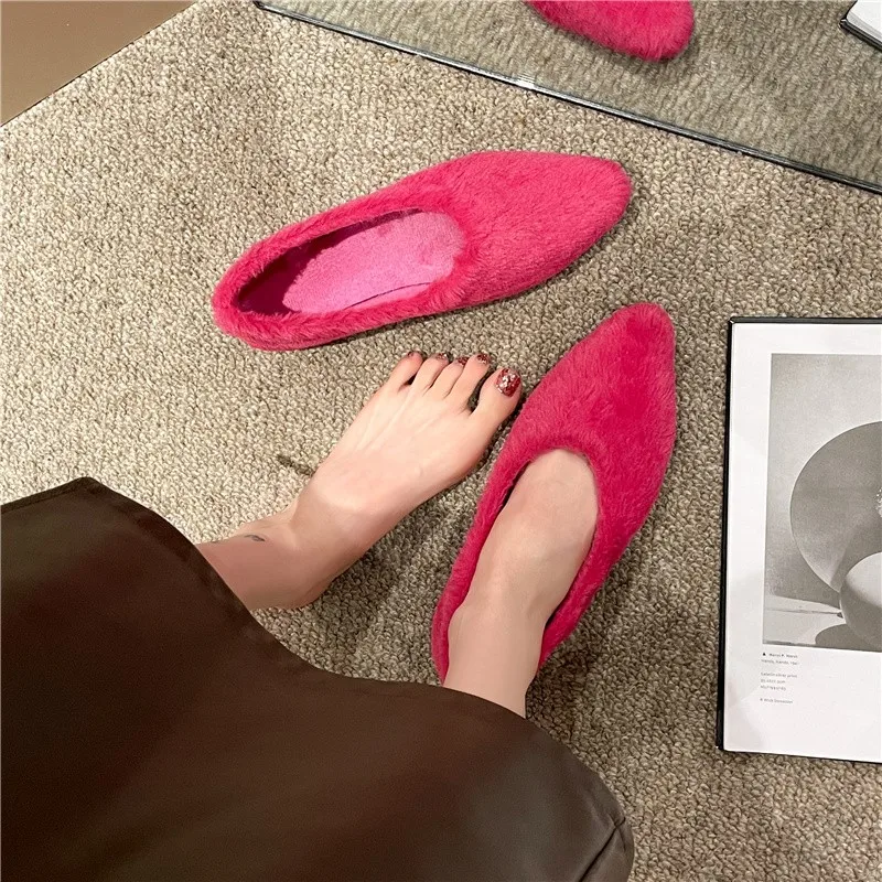 Fashion Pointed Toe Fur Ballet Flat Woman Winter Warm Plush Shallow Loafer Ladies Concise Furry Heeled Dress Shoes Zapatos Mujer