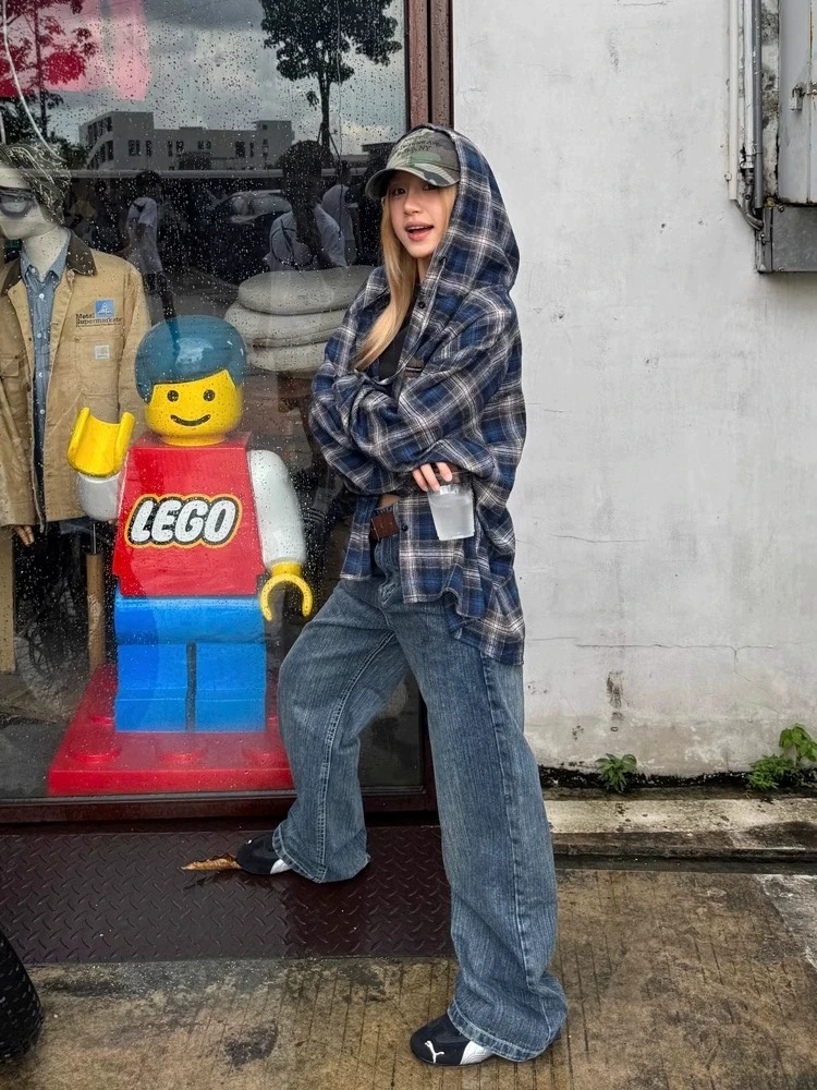 เสื้อเชิ้ตลายสก๊อตวินเทจผู้หญิงฮาราจูกุแขนยาวสไตล์อเมริกันเสื้อคลุมมีฮู้ดแบบมีเชือกผูกหลวมๆสบายๆสตรีทแวร์ฤดูใบไม้ผลิ